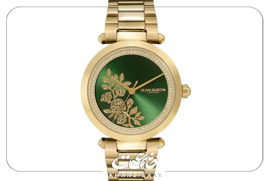 ساعت گلدار T-Bar Signature Olivia Burton با صفحه گل‌دار سبز، جزئیات کریستالی و بند طلایی