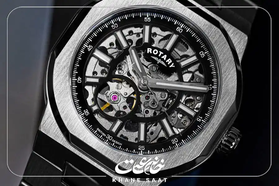 ساعت‌های مجموعه‌ی اسکلیتون روتاری با پشتیبانی از کیس شیشه‌ای نمایشی، جزئیات حرکت را به شما نشان می‌دهد.